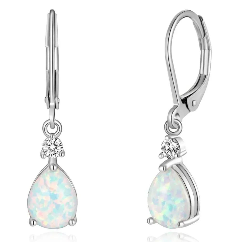 14K White Gold with Genuine White Fire Opal and CZ Teardrop Leverback Earrings